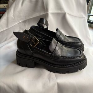 Black Chunky Loafers with Gold Buckle